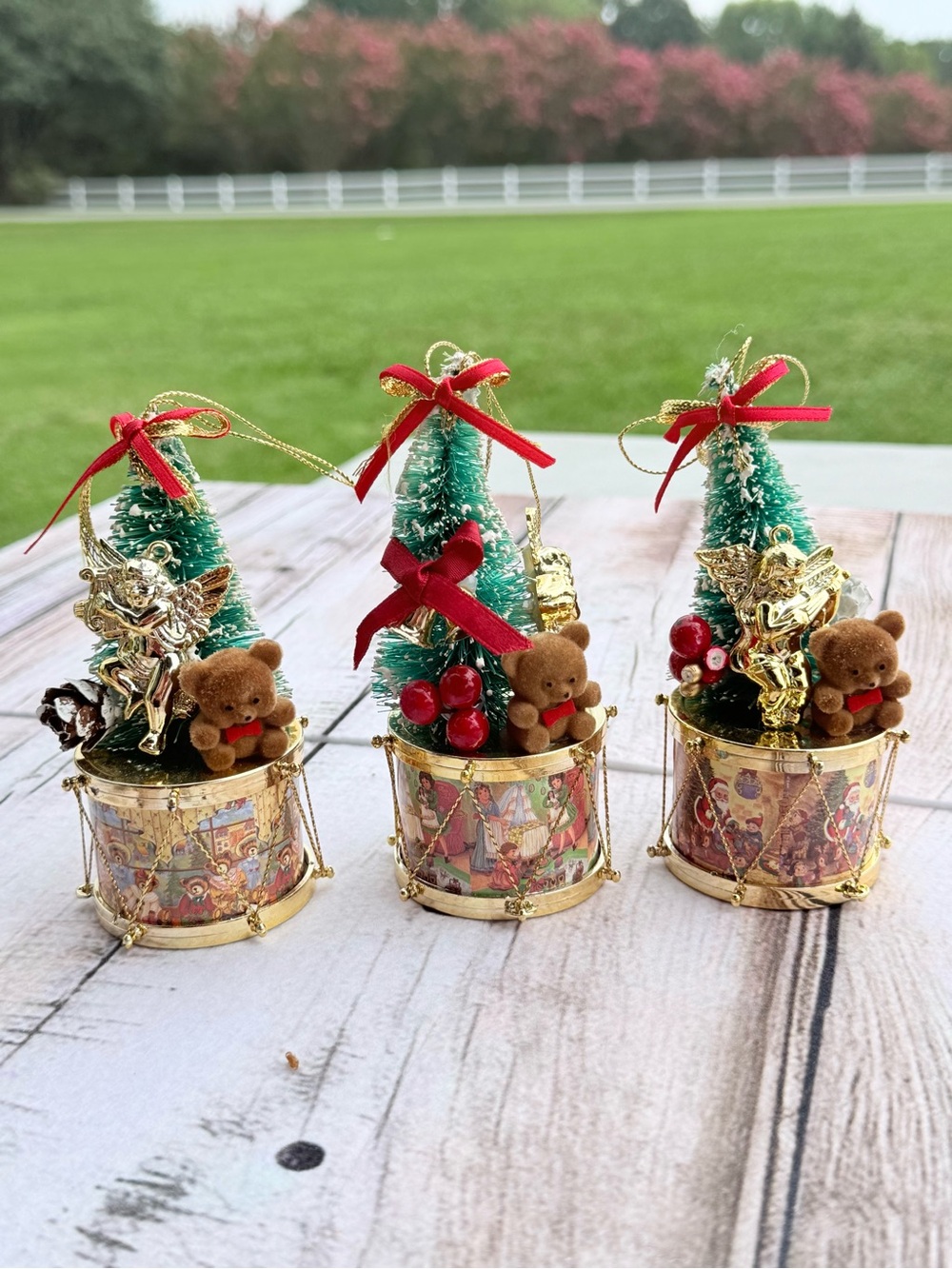 Vintage Teddy Bear Christmas Tree Drum Ornaments Set of 3
